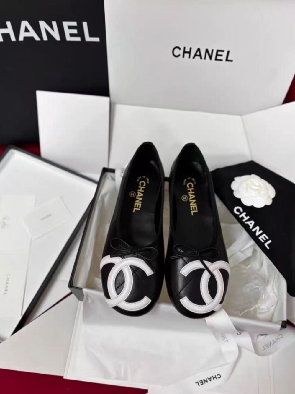 CHANEL Black Quilted Ballet Flat Shoes White CC Logo